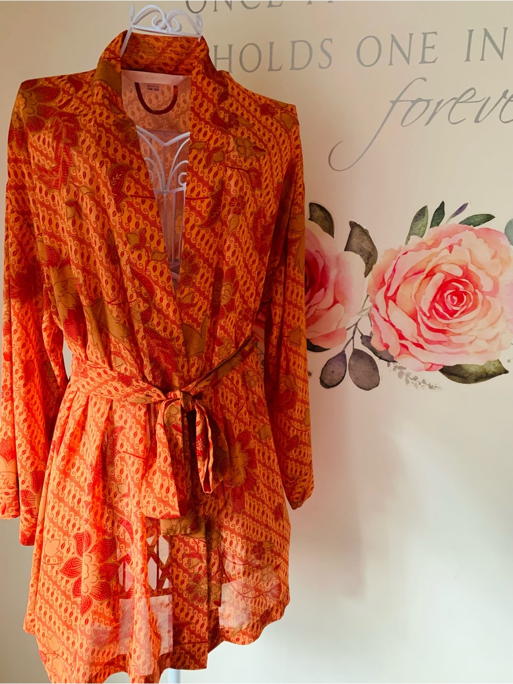 Victoria’s Secret Orange Floral Kimono Robe Wrap Cover Up Loungewear One Size